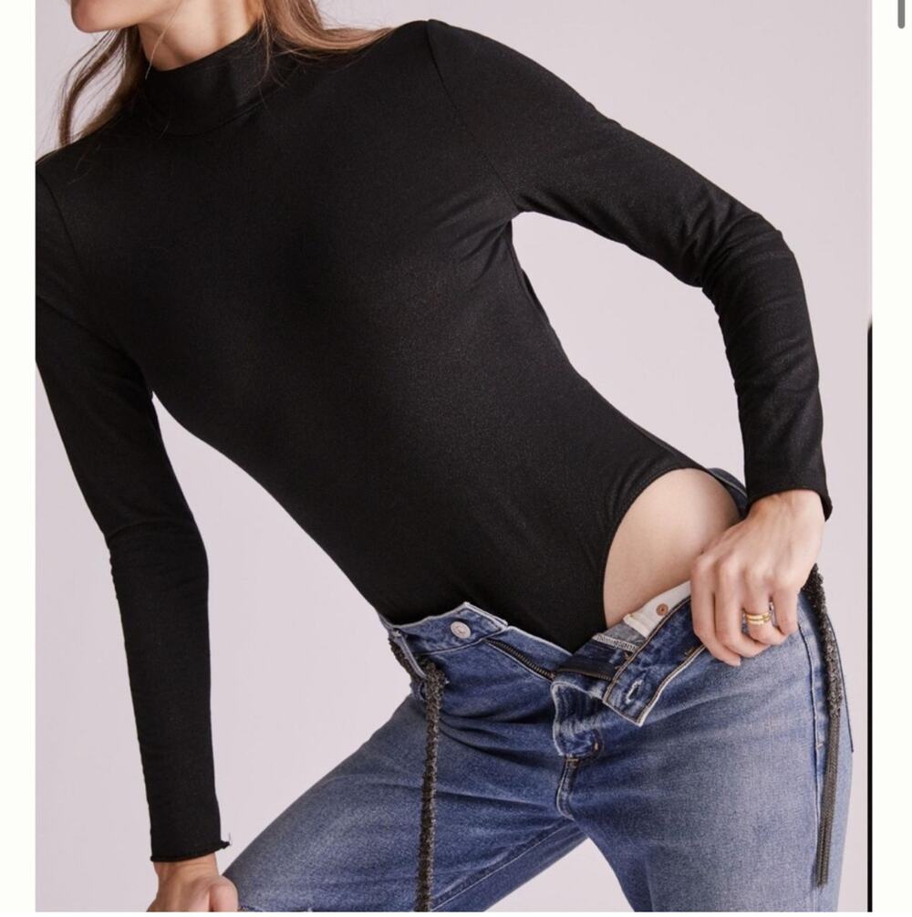 Anthropologie Daily Practice Bodysuit Women Medium Black Metallic Cutout Shimmer
